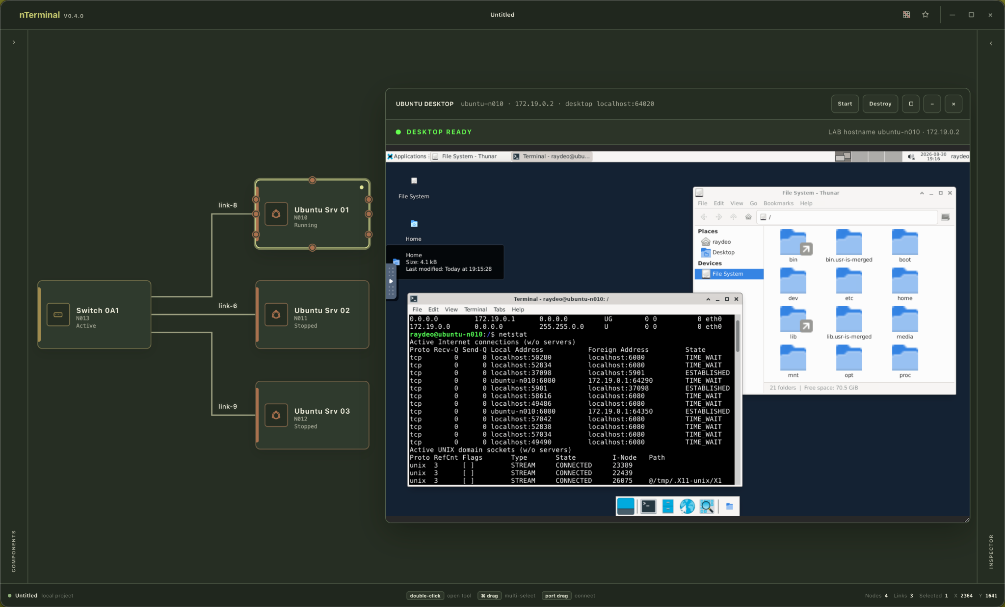 Real nTerminal virtual-systems workspace with live connected tools